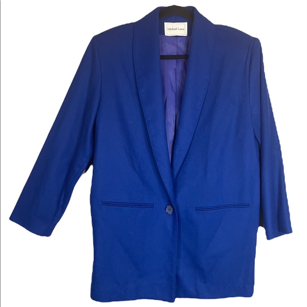 Vintage Michael Lewis 100% Wool Royal Blue Oversized Blazer Jacket Size L